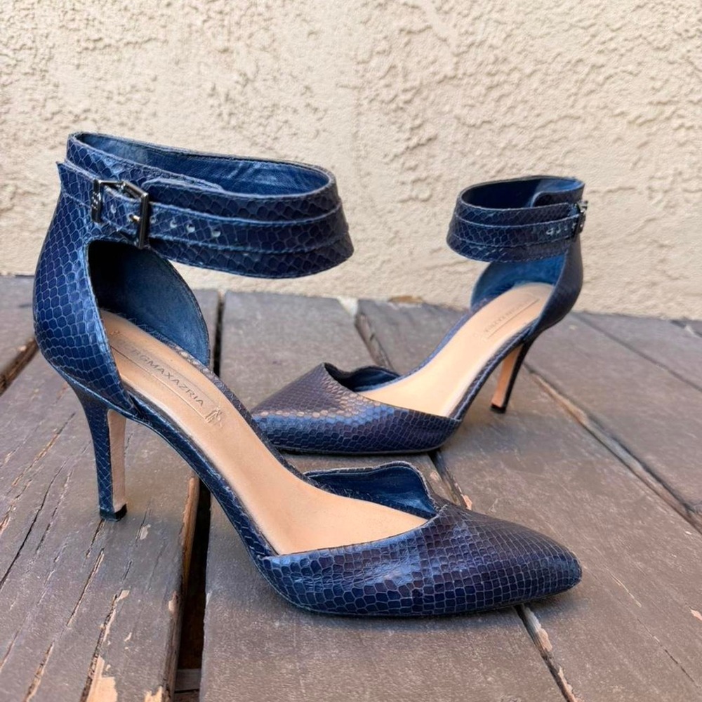Navy blue snakeskin leather heels with ankle strap by bcbcmaxazaria